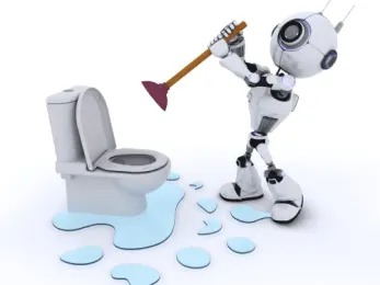 A cartoon robot with a plunger tries to unclog a toilet overflowing with water.