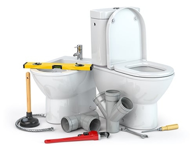 This image shows plumbing tools and fixtures, like a toilet, bidet, wrench, and pipes.